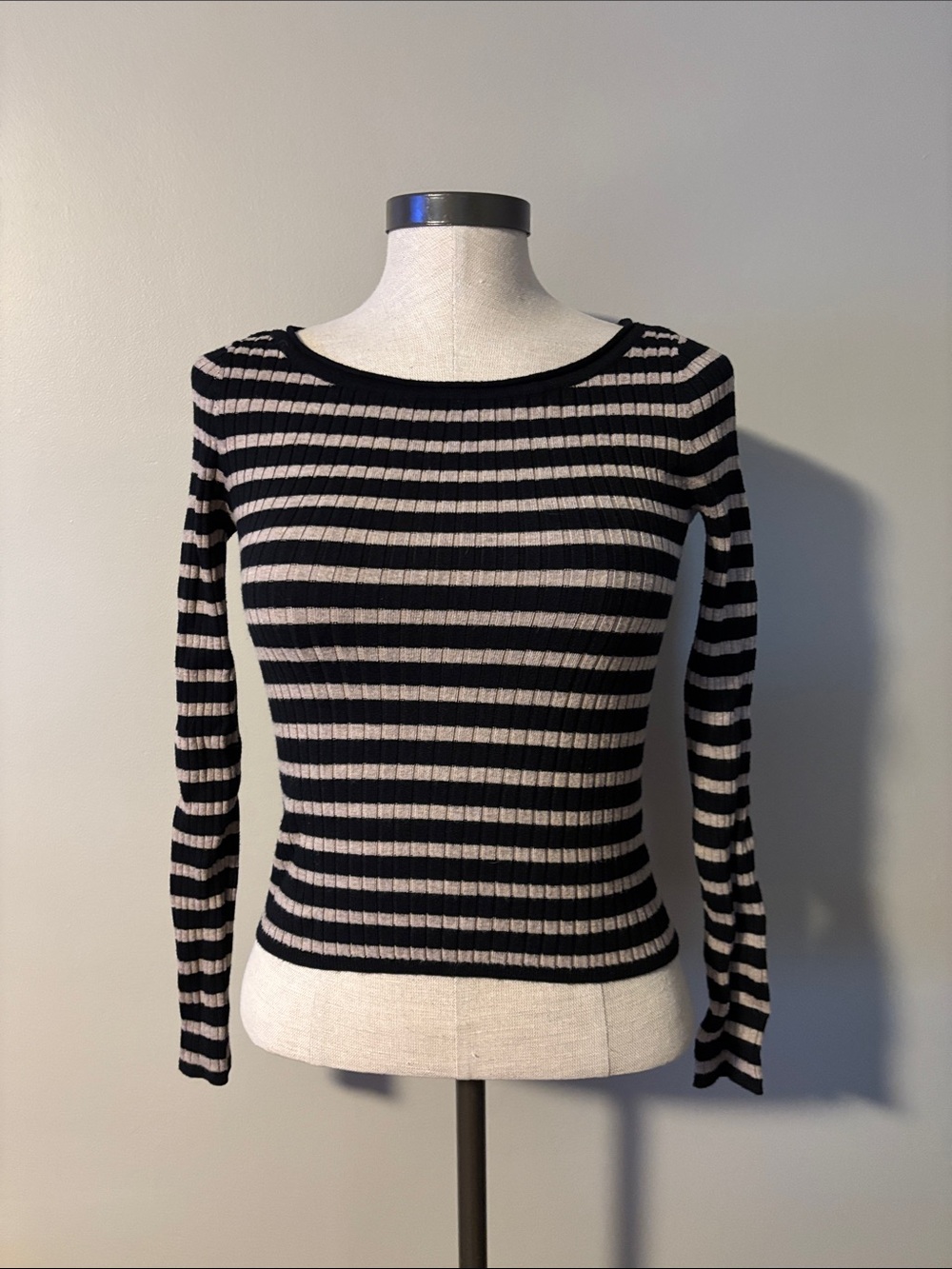 a new day Black and Cream Striped Ribbed Long-Sleeve Top